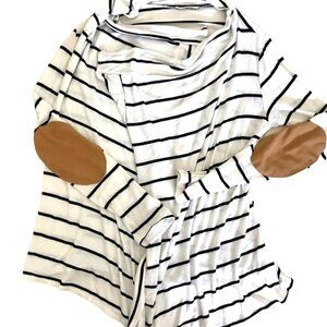 Mon Ami Women's White Black Striped Waterfall Cardigan Academia Elbow Patches.